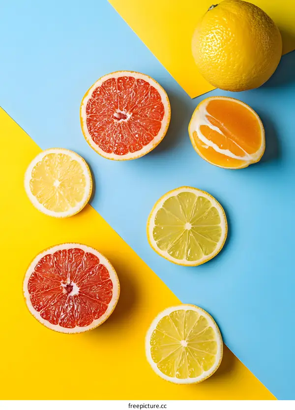 Fresh Citrus Fruits on a Yellow and Blue Background