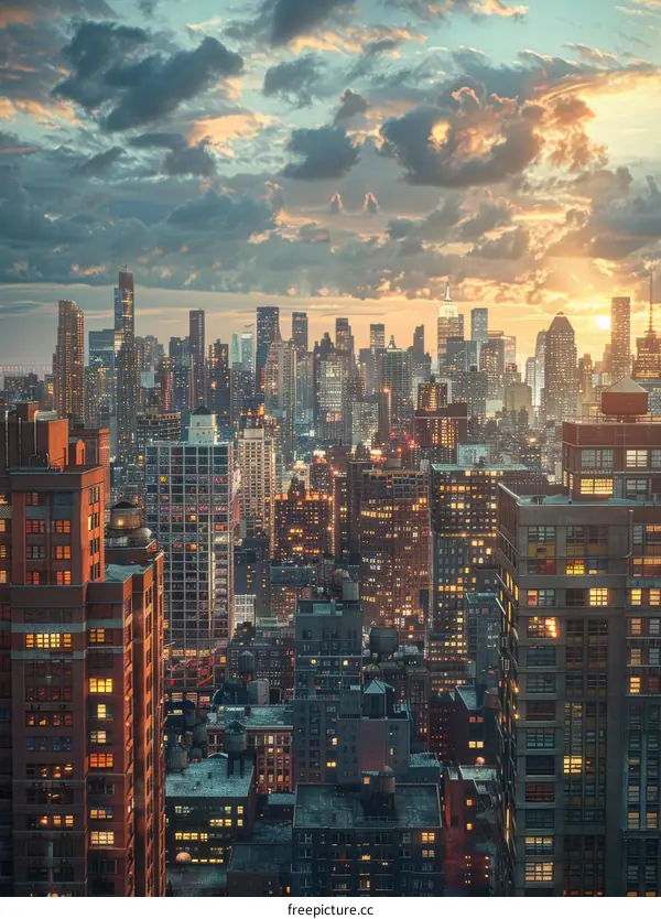 Evening City Skyline View of Skyscrapers