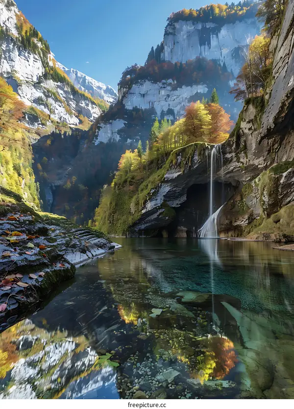 Clear Water Waterfall in Mountain Valley with Autumn Colors