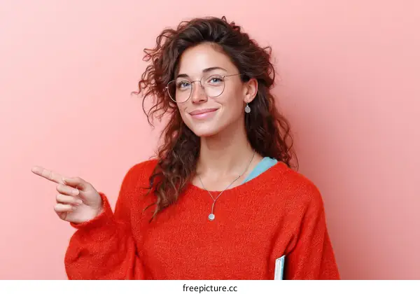 Woman in Red Sweater Pointing with a Smile