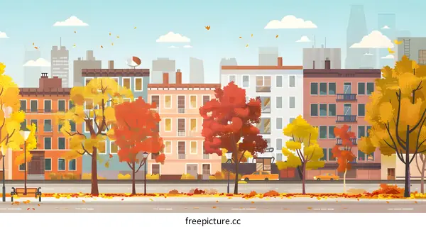 Autumn Cityscape With Colorful Trees And Fallen Leaves