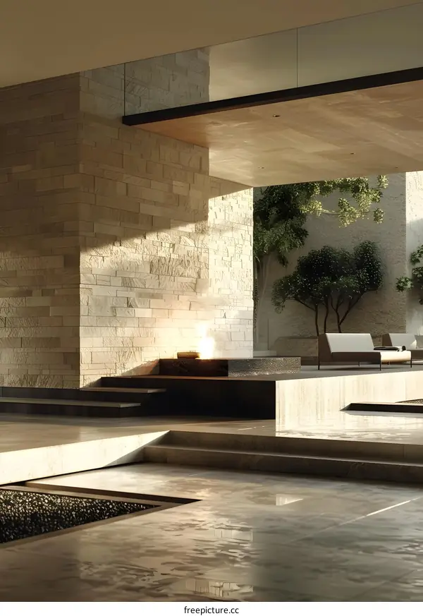 Modern Minimalist House Exterior With Stone Walls And Water Feature