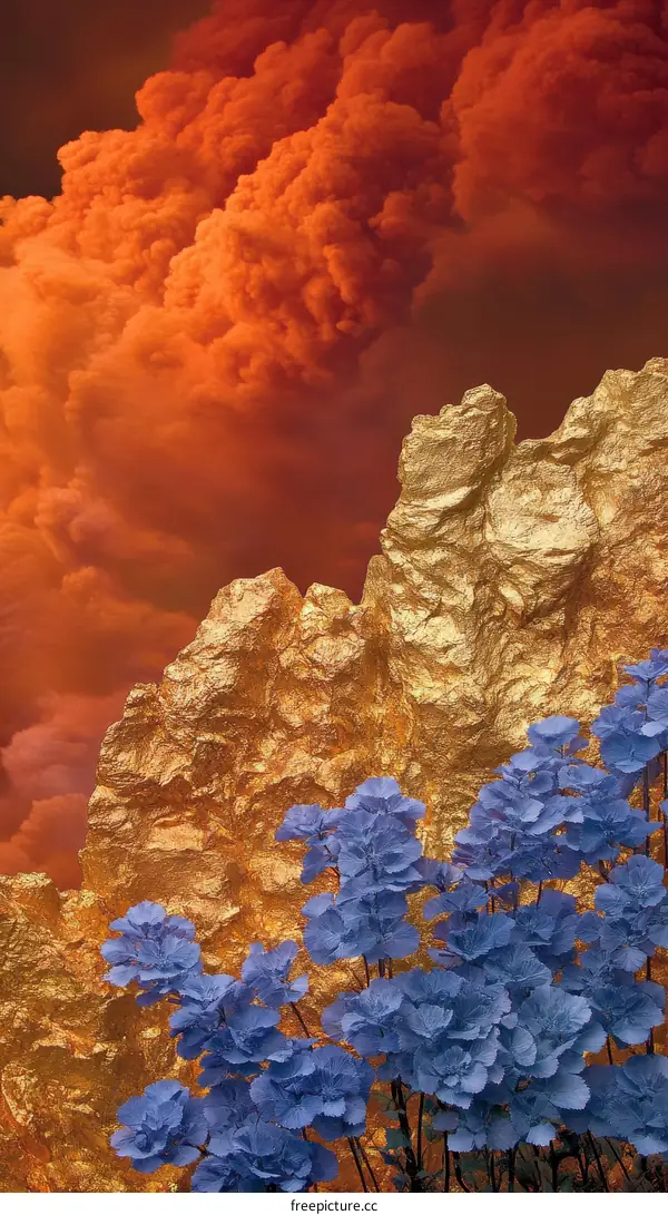 Golden Mountains and Blue Flowers Under Fiery Sky