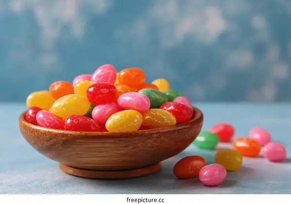 Colorful Jelly Beans in Wooden Bowl