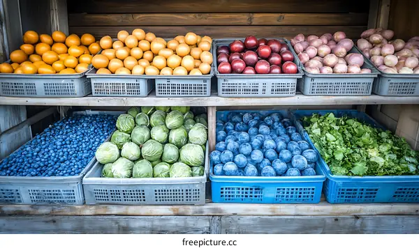 Fresh Produce Display in Wooden Shelving
