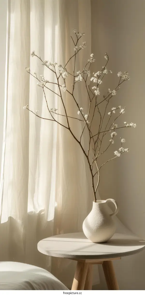 elegant tall white ceramic vase with budding cherry blossom branches in front of sheer curtain
