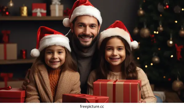 Happy family of three celebrating Christmas