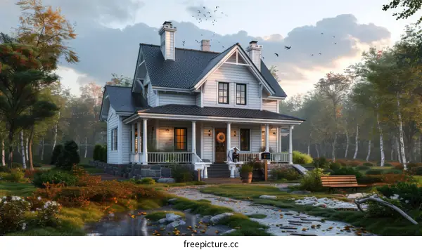 Small white wooden house in the middle of a forest with a garden and a bench