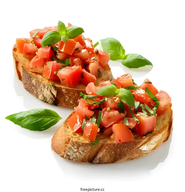 Two slices of bruschetta with tomatoes and basil on a white background