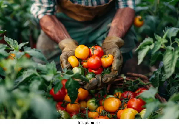 Close-up of farmer's hands holding a handful of ripe tomatoes