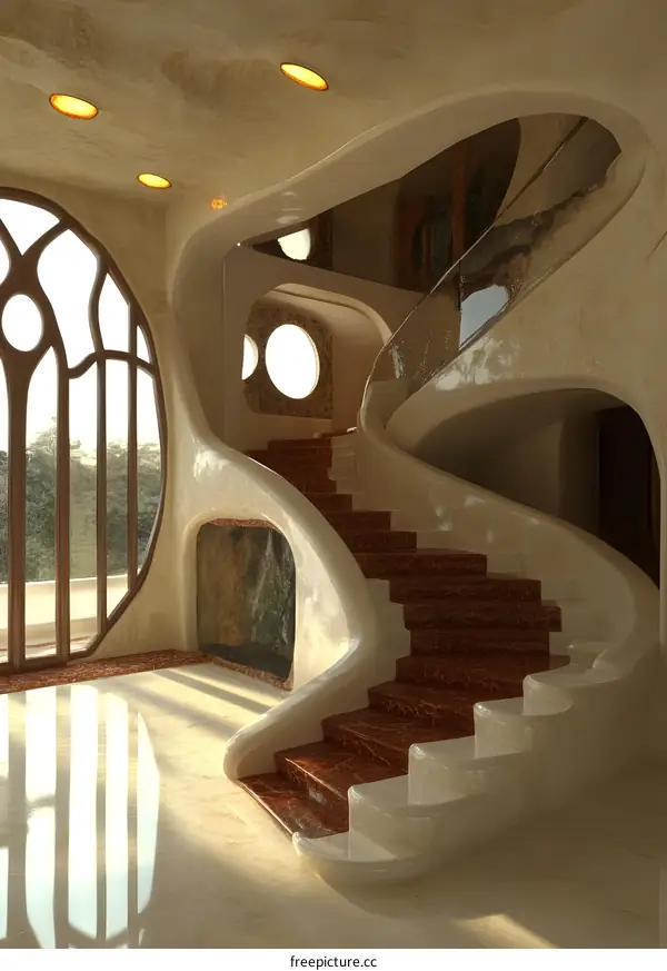 Modern Staircase Design with Curved Walls and Circular Windows