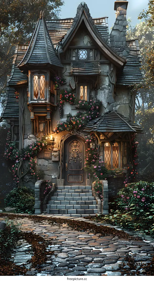 Stone Cottage with Flowers and Cobblestone Path in a Forest Setting