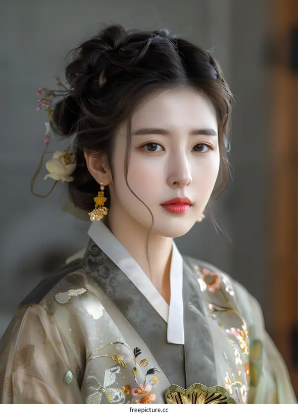 Portrait of a young woman in traditional Korean dress, or hanbok