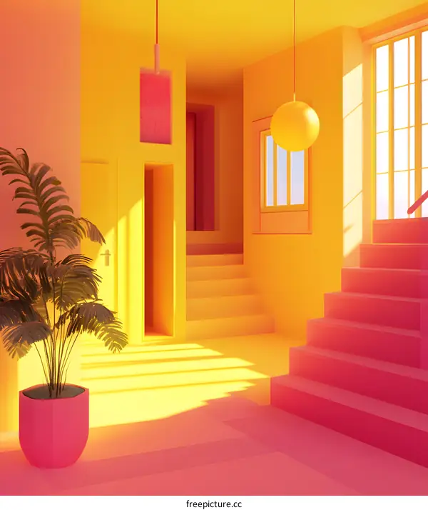 Minimalist 3D Rendered Yellow and Pink Interior Design with Staircase and Plant