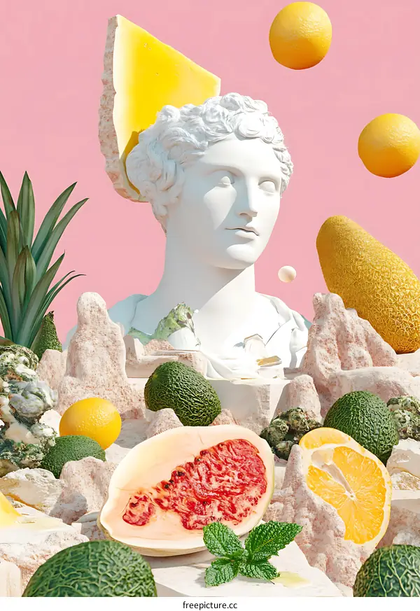 Surreal Sculpture with Fruit and Green Plants