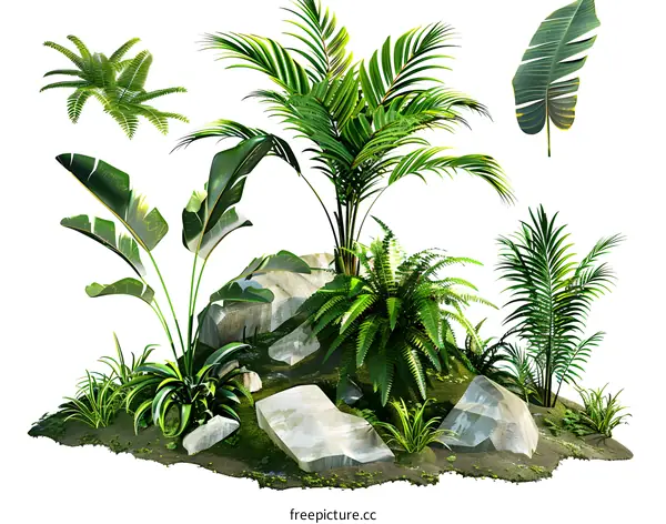 Tropical plants and rocks on white background