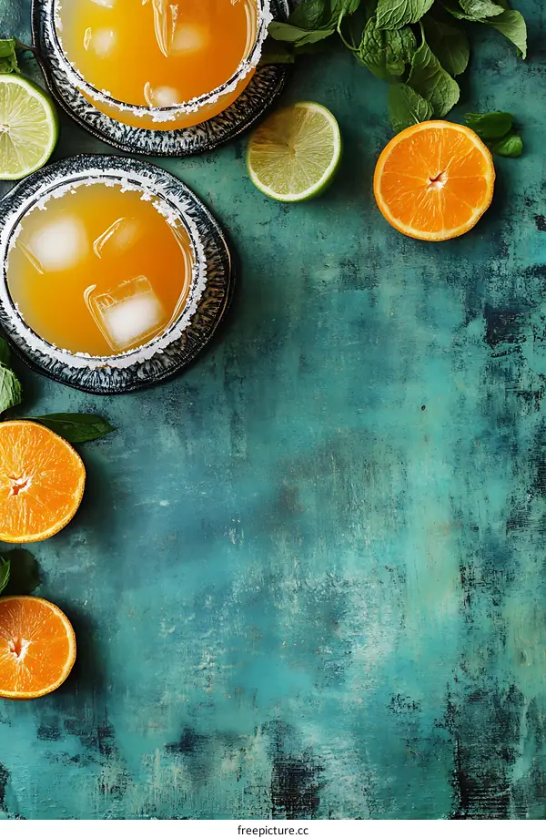 Orange and Mint Cocktail with Ice on Turquoise Background