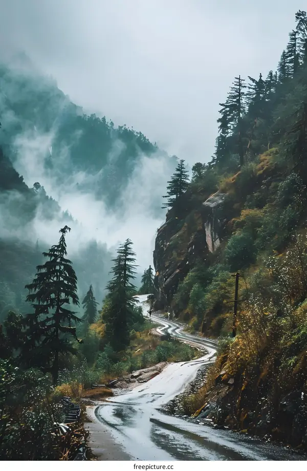 Winding Road Through Misty Mountains