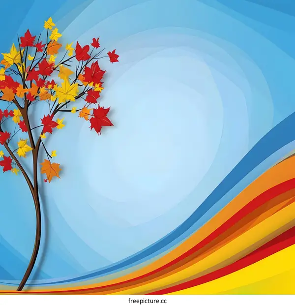Autumn Tree With Colorful Waves Background