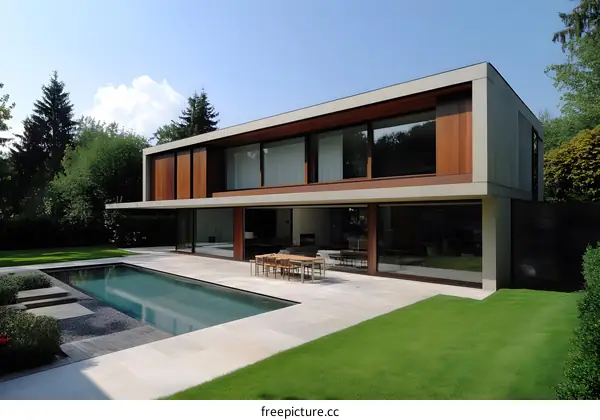 Modern House With Swimming Pool And Large Windows
