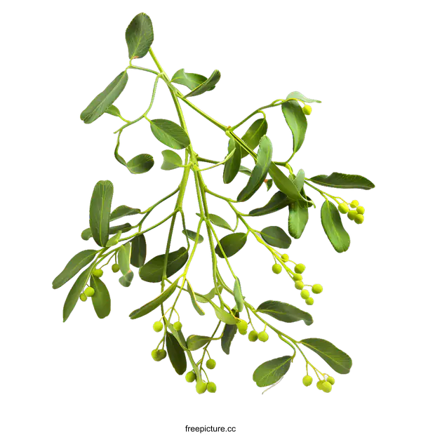 [Transparent Background PNG]Green Branch with Leaves and Berries on White Background