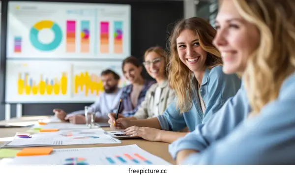 Group of business people having a meeting in the office and looking at the charts on the screen