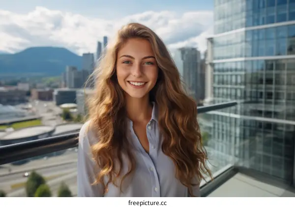portrait of a young woman smiling with the city in the background