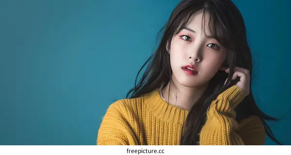 Beautiful Asian Woman in Yellow Sweater Looking at Camera