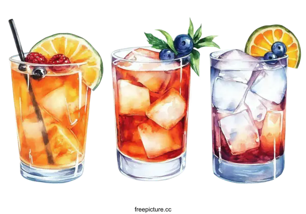 [Transparent Background PNG]Watercolor Illustration of Refreshing Cocktails