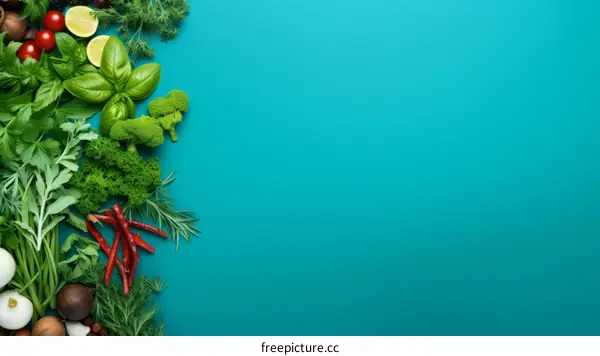 Fresh herbs and spices on blue background