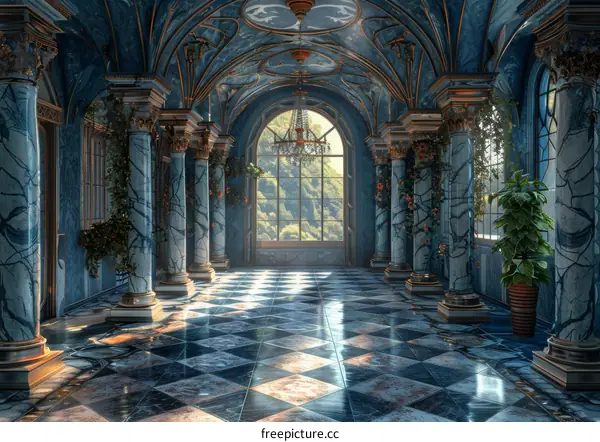 Ornate Blue and Green Palace Hallway