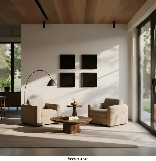 Modern living room with minimalist furniture and natural light
