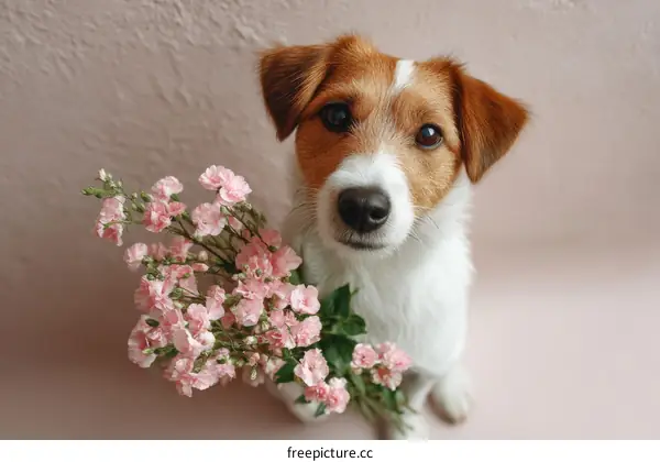 Jack Russell Terrier with Pink Flowers