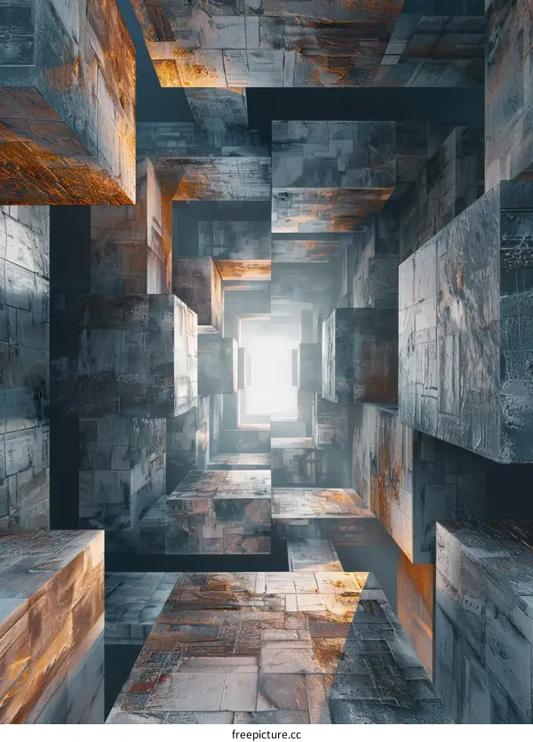 Glowing Light Through Mysterious 3D Concrete Blocks