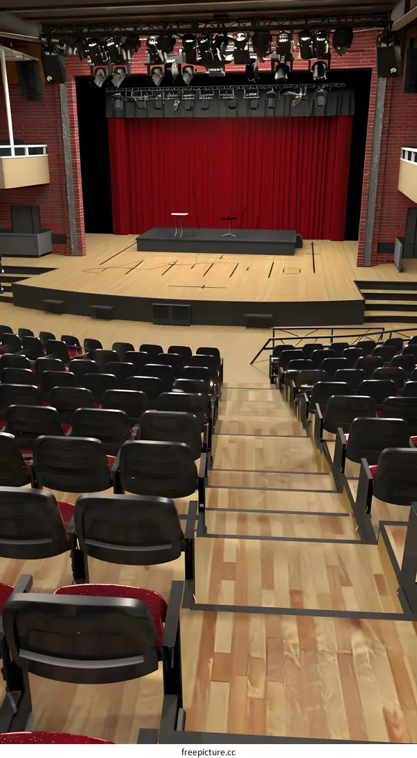 Empty Auditorium with Red Curtains and Stage Lights