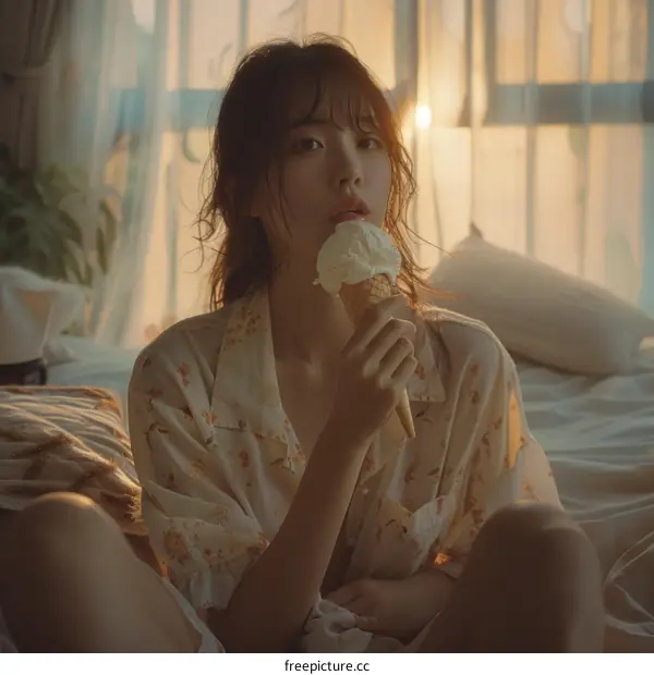 girl eating ice cream in bed