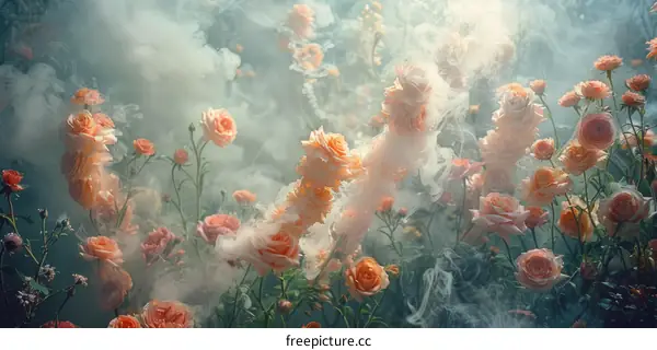 Vibrant Peach Roses in a Dreamy Misty Garden