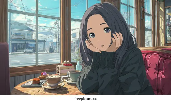 Anime girl enjoying a cafe scene in a charming town