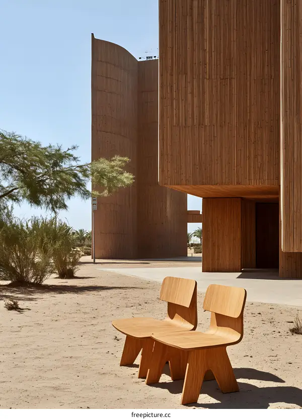 Wooden Bench in Front of Modern Building