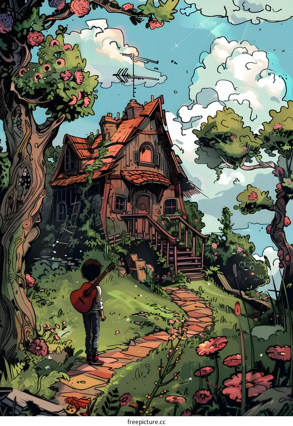 Illustrated Landscape With A Person Holding A Guitar