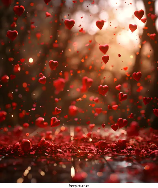 Red heart-shaped balloons fall like rain in a forest clearing.