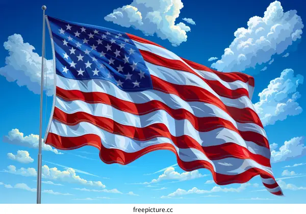 Waving American flag against a blue sky with clouds