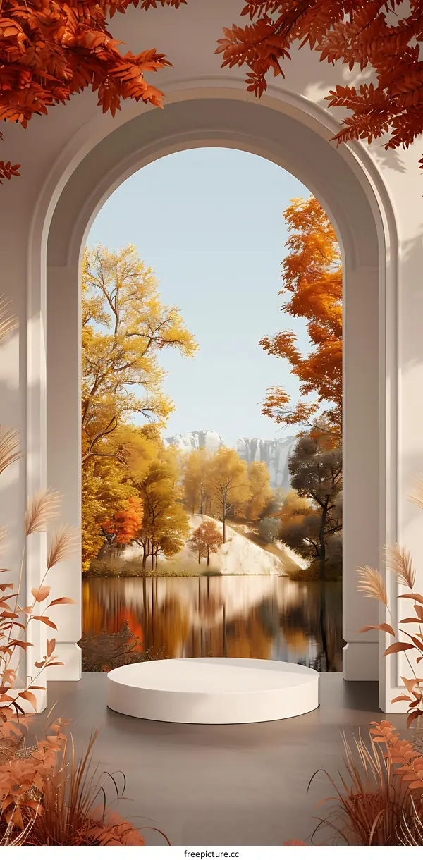 Autumn Landscape Through Archway with White Pedestal