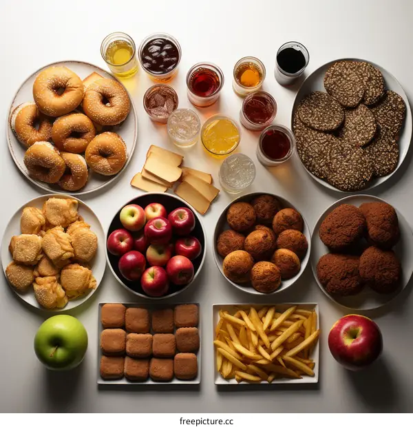 A table full of different types of food and drinks