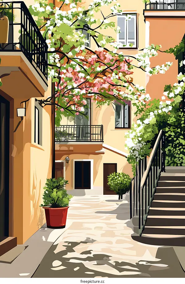 Beautiful Spring Courtyard with Blooming Flowers