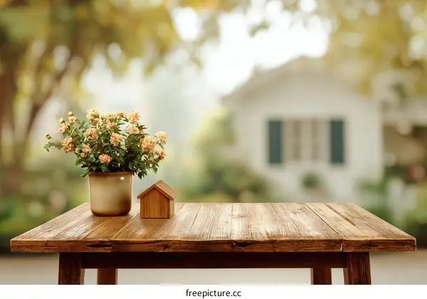 Wooden Table with Flowers and Miniature House Outdoor Background