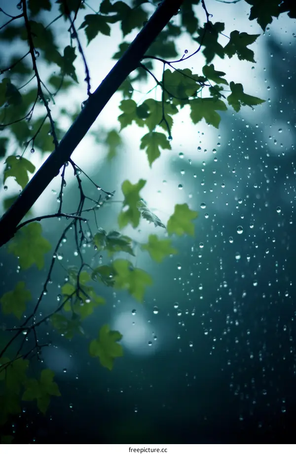 Green leaves and raindrops on a rainy day