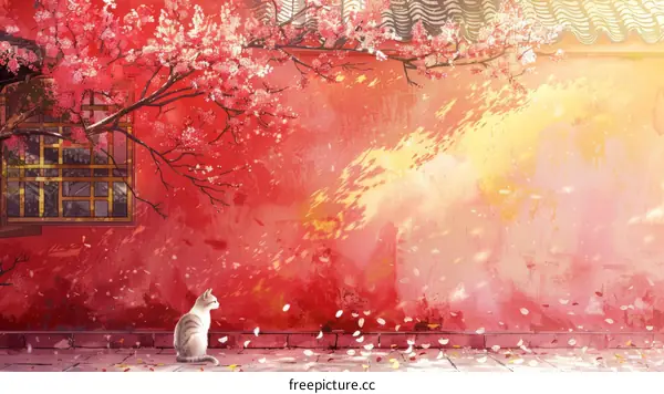 A Gray Cat Sitting Under a Pink Blossom Tree