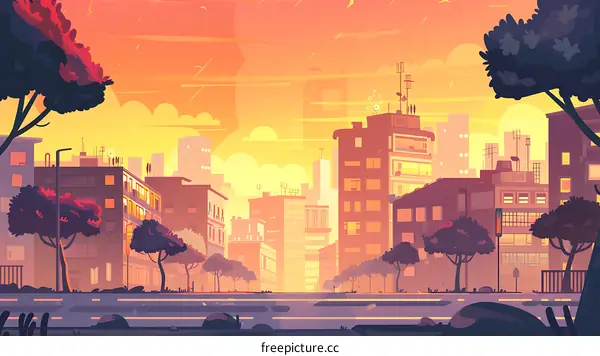 Cityscape Illustration with Sunset Sky and Trees