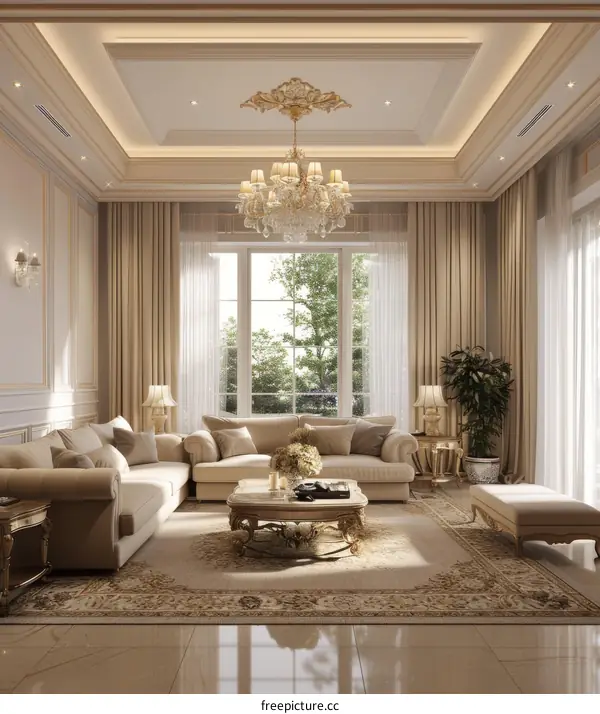 Luxurious living room with large window and golden accents